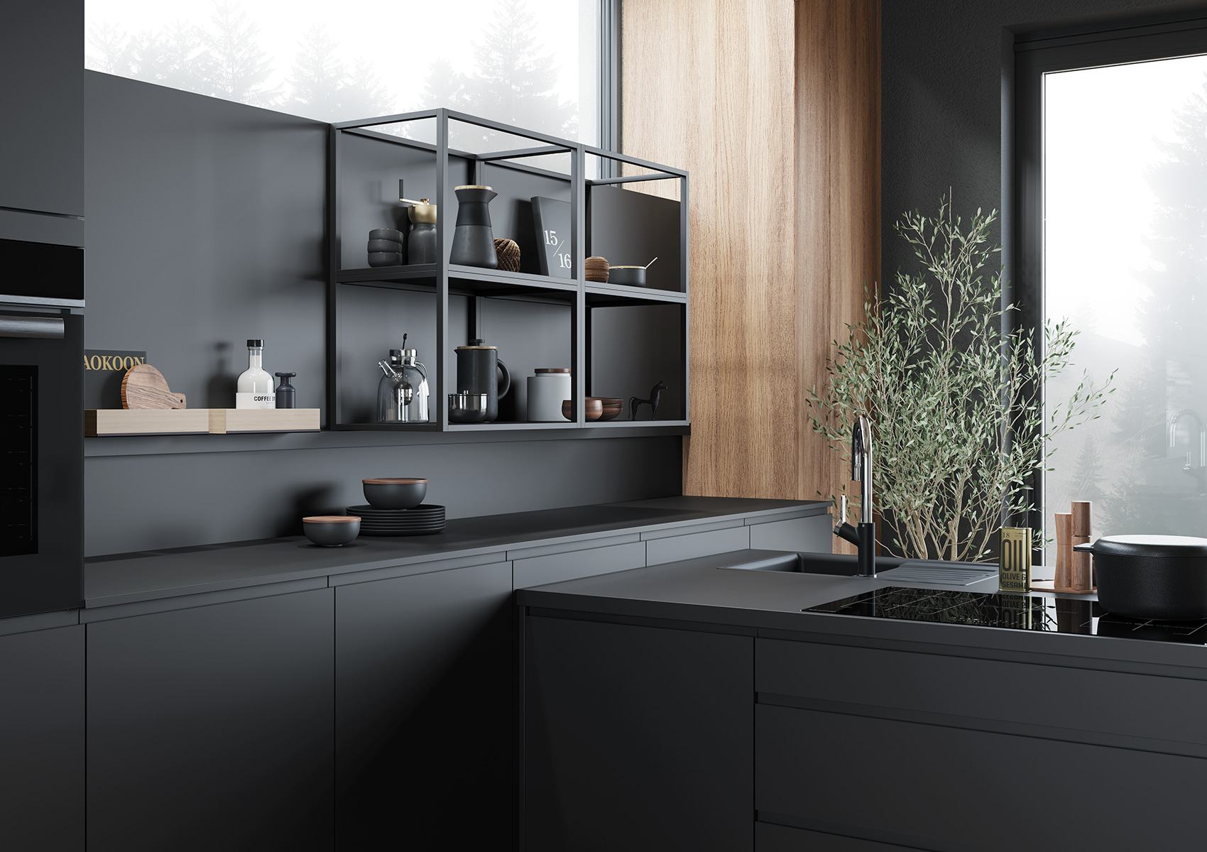 Mattschwarze Küche mit offenem Metallregal an der Rückwand